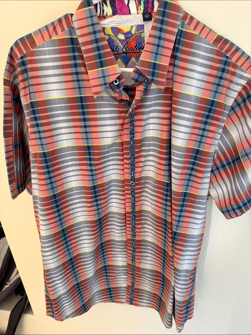 Robert Graham Coral, Gray & Blue Plaid Short Sleeve Button-Down Shirt